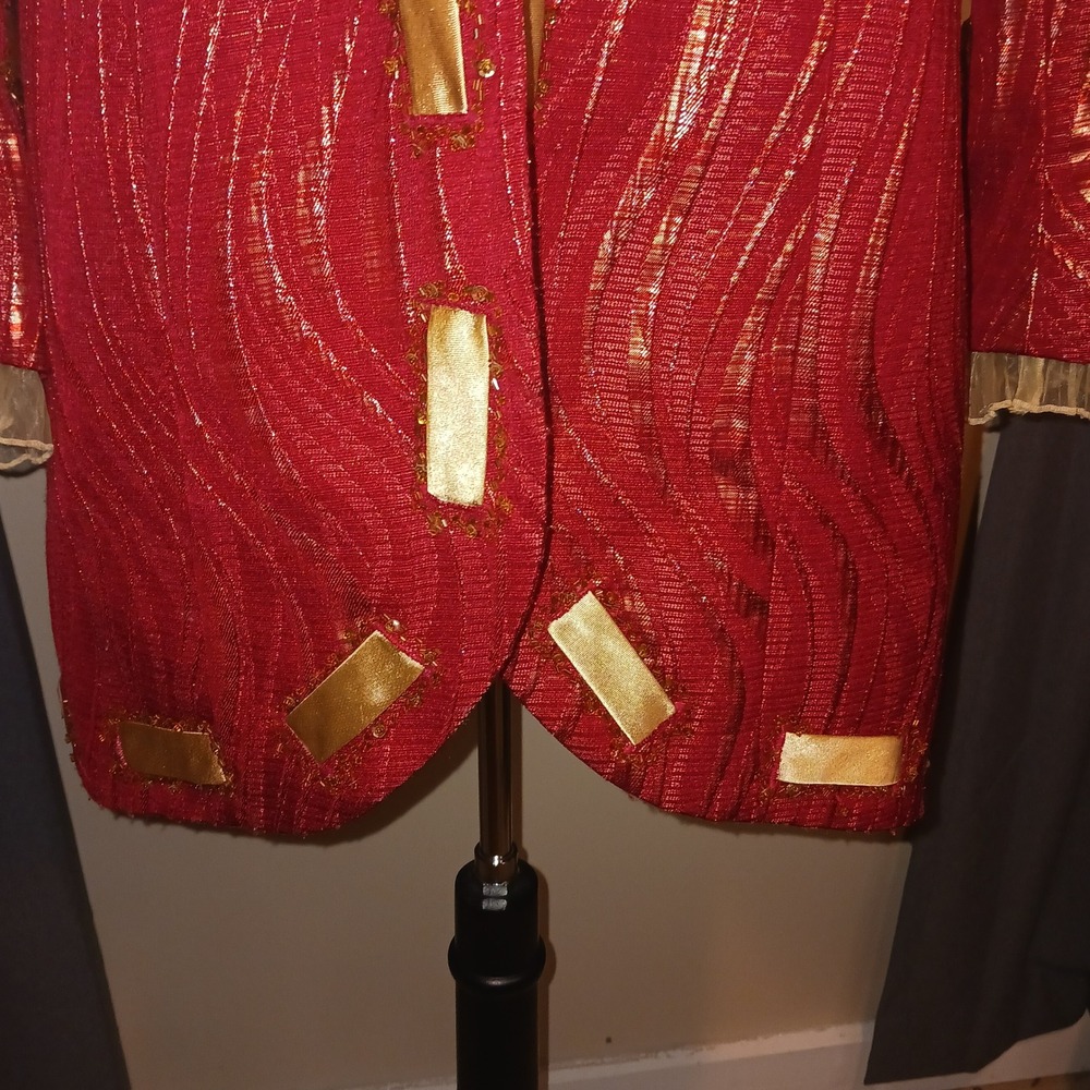 Vintage G.O.S.P.E.L. Michael Jackson Red Gold Metallic Jacquard Skirt Suit  14W - Picture 4 of 16